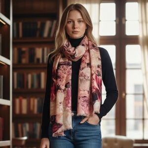 White House Black Market Rose Floral Silk Two-ply Reversible Print Scarf Wrap